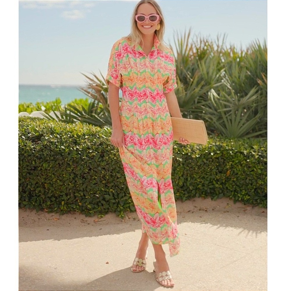 Emily McCarthy Georgia Dress Floral Midi Shirtdress Linen Medium Summer Event